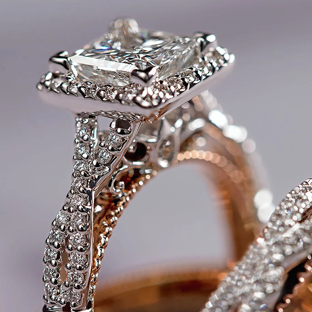 Huitan Luxury Princess Cut Cubic Zircon Bridal Marriage Set Rings Elegant Accessories Brilliant Women Men Wedding Trendy Jewelry