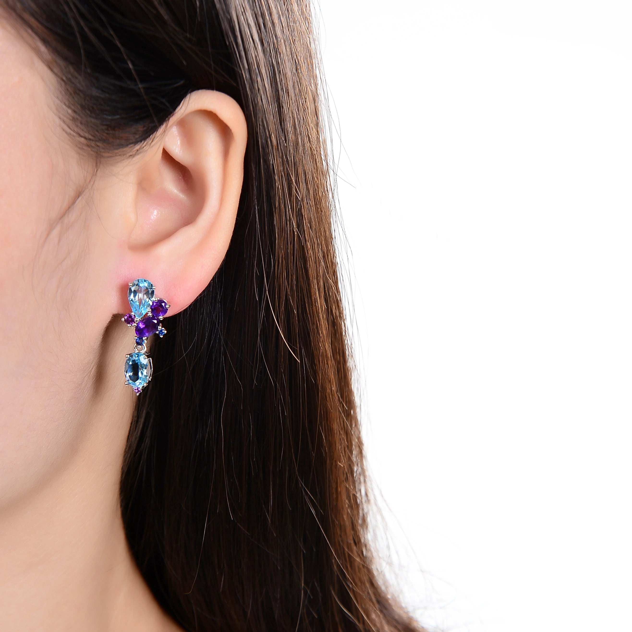 GEM'S BALLET 925 Sterling Silver Colorful Modern Irregular Earrings Natural Blue Topaz Amethyst Stud Earrings for Women Bijoux