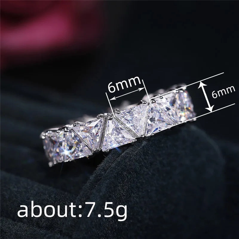H480 Pyramid Crystal & Rhinestone Eternity Band Ring 925 Silver Claw Setting Women's Party Jewelry