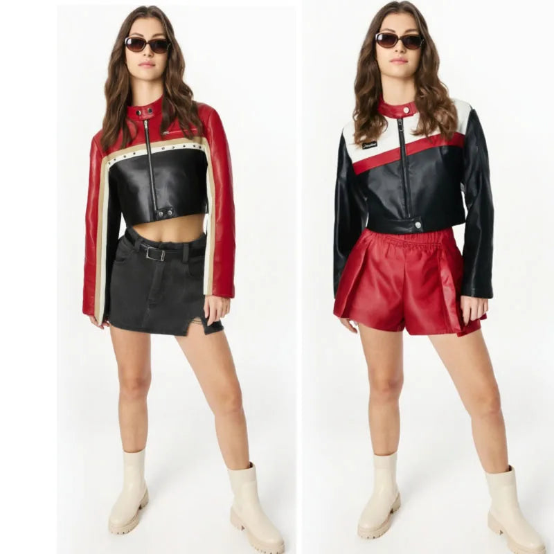 Slim Fit PU Leather Sexy Long Sleeve  Short Motorcycle  Crop Coat Autumn Outerwear Streetwear Leather Jacket