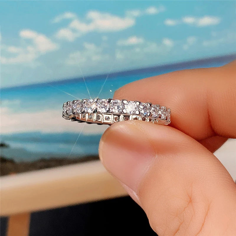 Huitan New Trendy Thin Finger Rings Silver Color Band with Shiny Cubic Zirconia Simple Stylish Daily Wear Accessories for Women