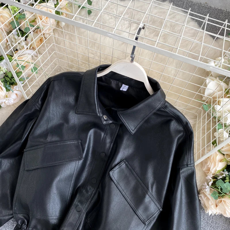 Loose Style Leather Jacket Women'S Retro Big Pocket Slim Short Motorcycle Jacket