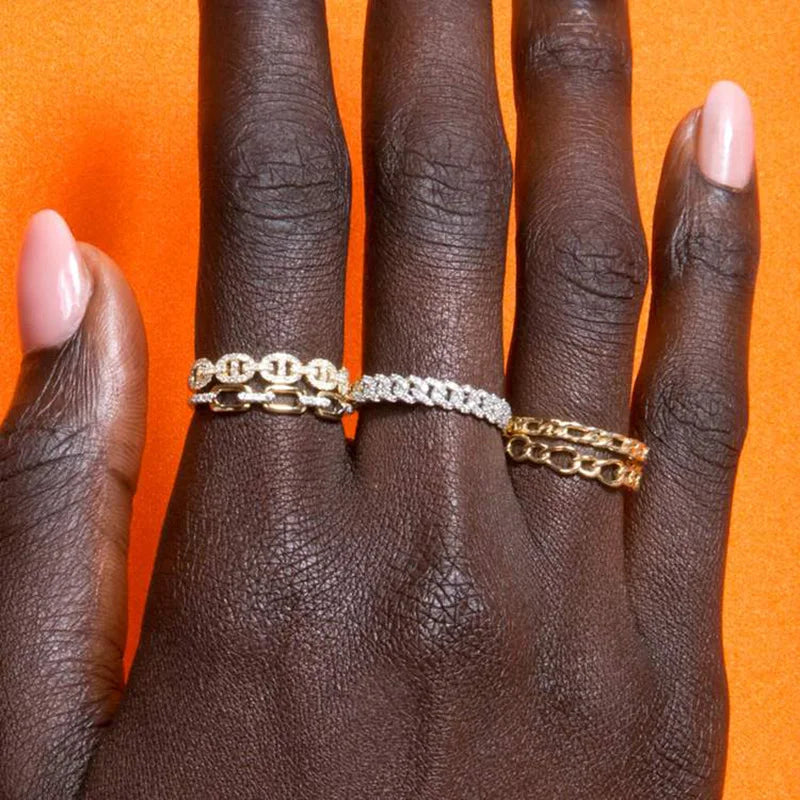 Hip Hop Link Ring for Women Gold Color Micro-inlaid Zircon Stacking Rings Female Jewelry Fashion Punk Accessories Wholesale R720