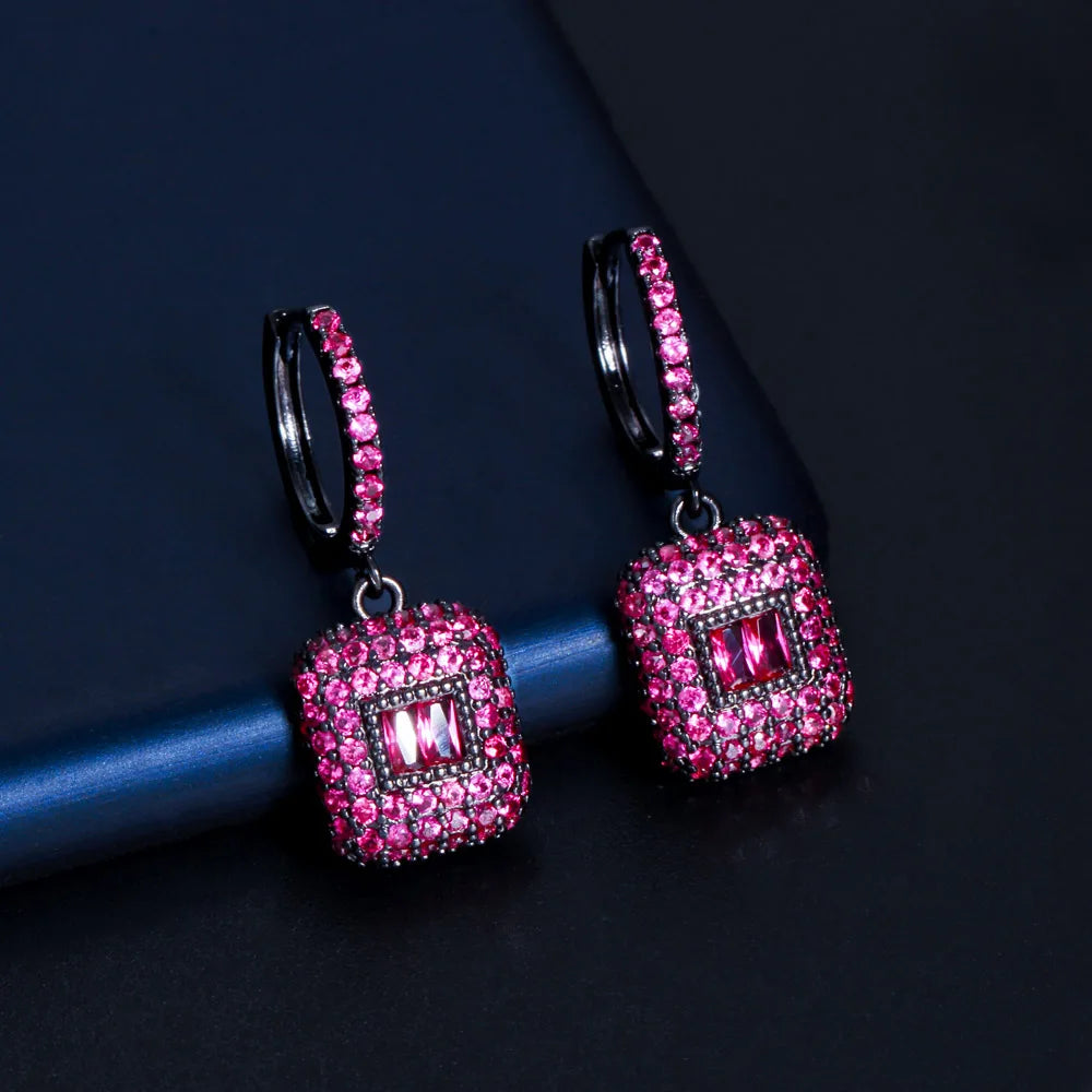 CWWZircons Full Black Gold Color Green Square CZ Dangling Round Huggie Hoop Earrings for Women New Trendy Party Jewelry CZ927