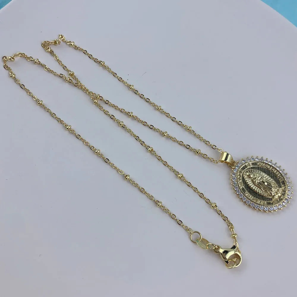 Dainty Metal Zircon Oval Virgin Mary Pendant Necklace For Women Festival Gifts Jewelry
