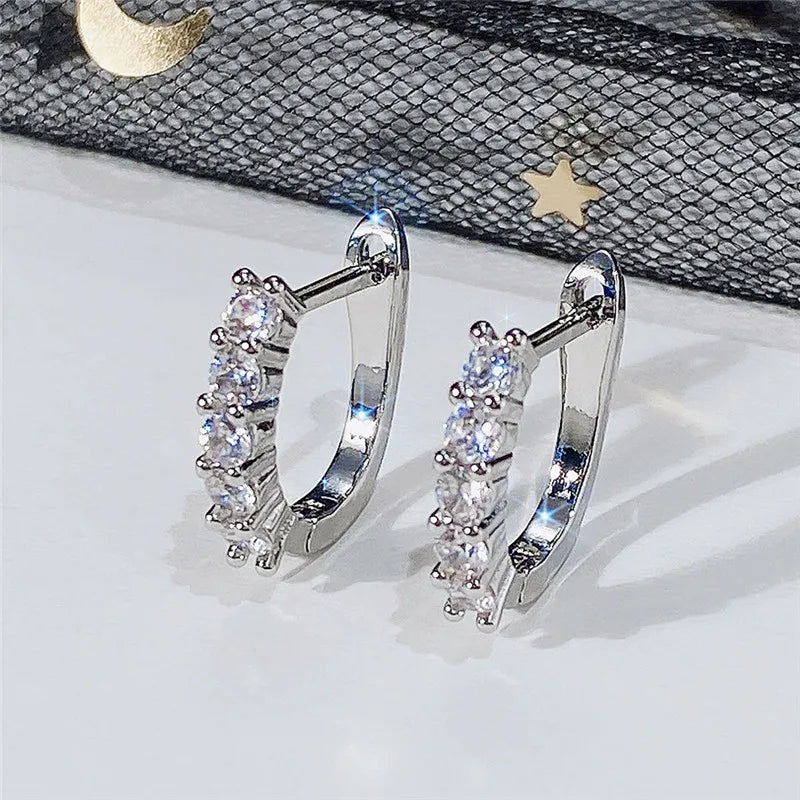 White Gold Hoop Earrings Round Zircon Claw Setting Classic Women's Party Jewelry