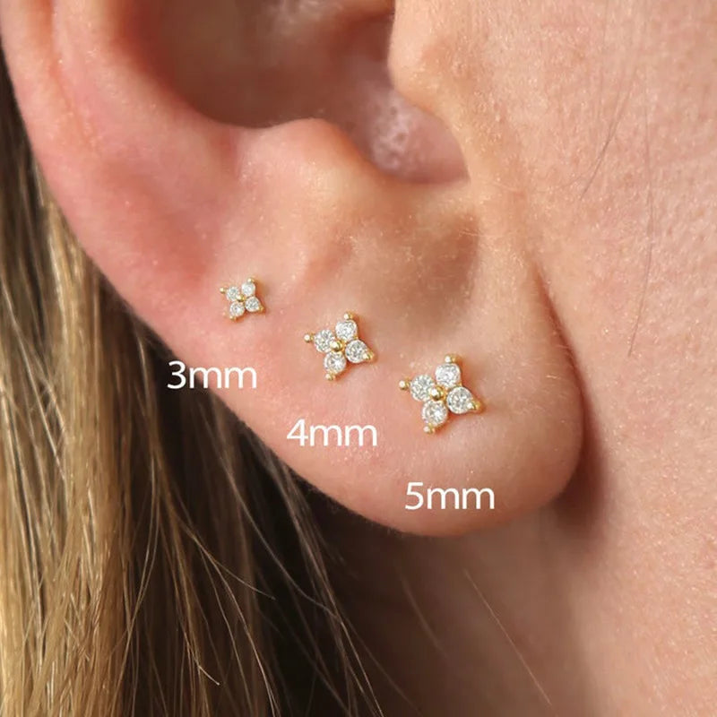 E3409 White Gold Stud Earrings 3mm Flower Diamond Classic Women's Jewelry