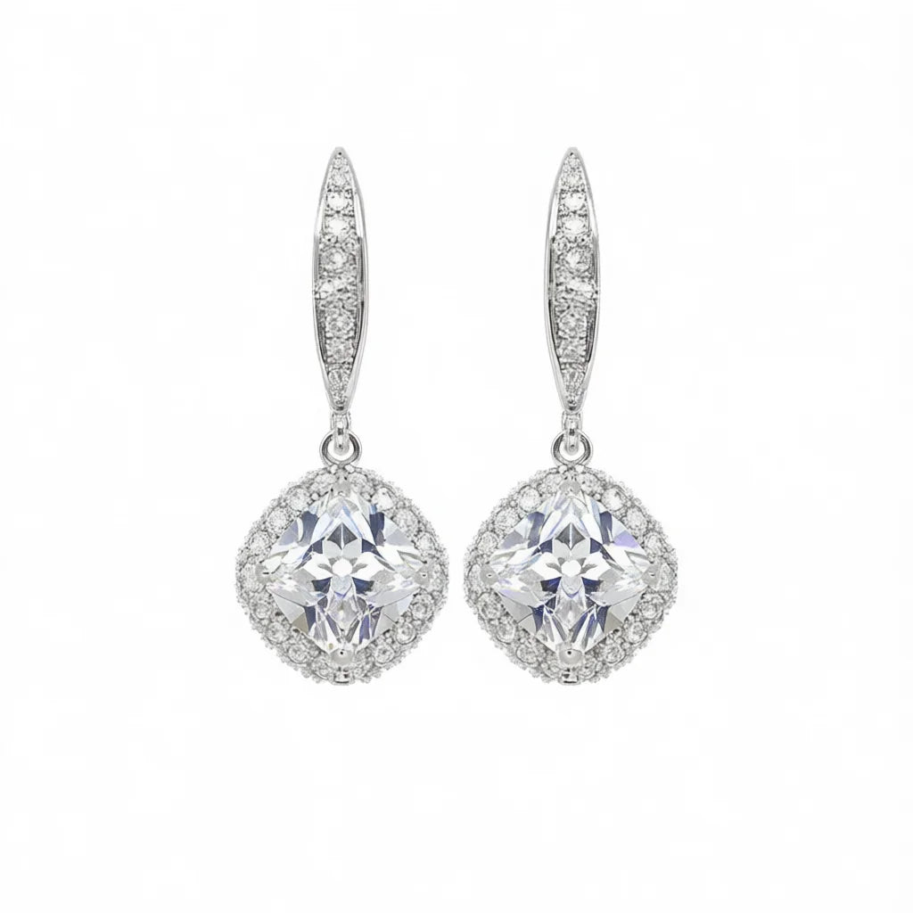 White Gold Diamond Earrings Princess Cut D Color Natural Diamond Classic Wedding Women's Jewelry with Side Diamond