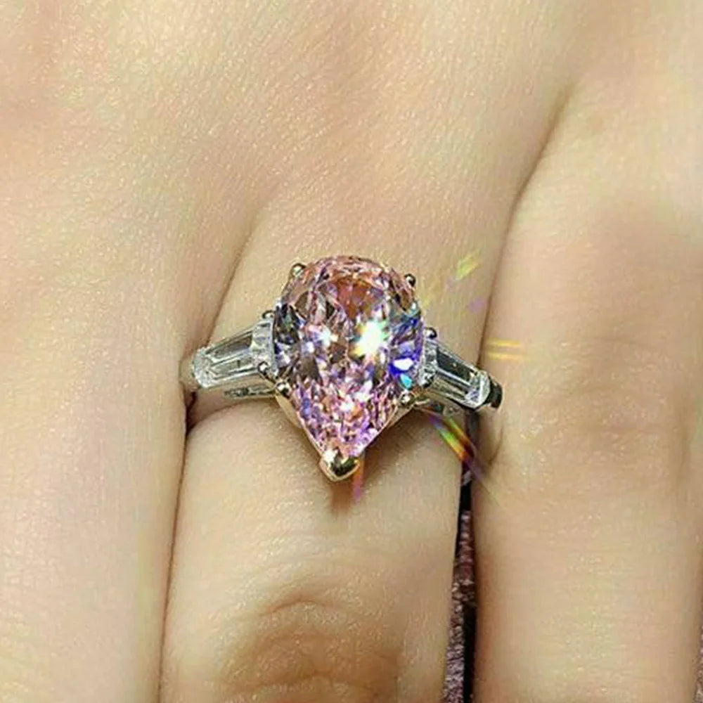 F1559 Women's White Gold Pear Cut Natural Fancy Diamond Ring With Baguette Side Stones Engagement Jewelry
