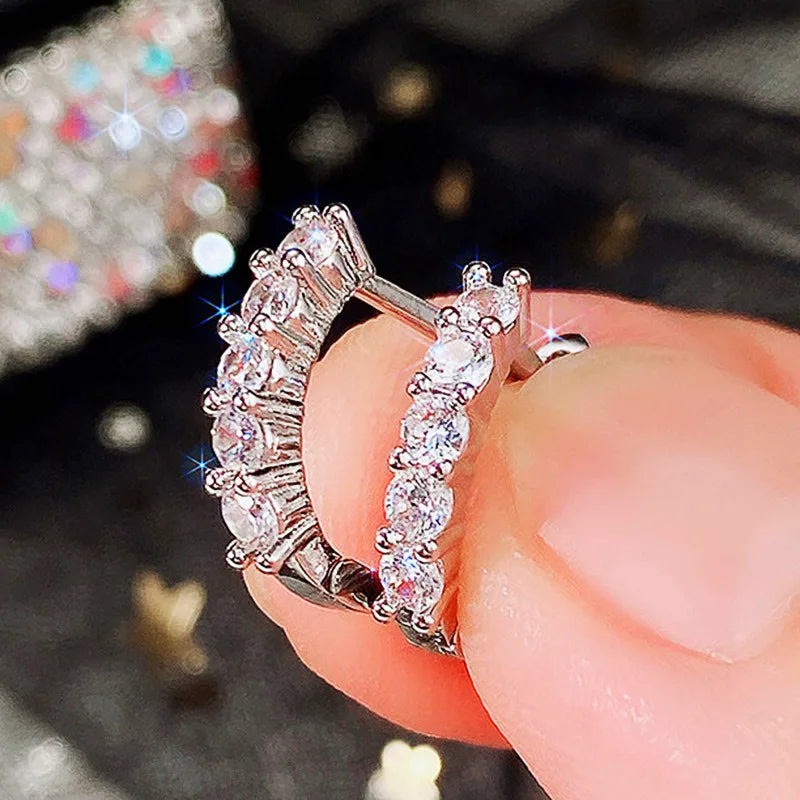 White Gold Hoop Earrings Round Zircon Claw Setting Classic Women's Party Jewelry