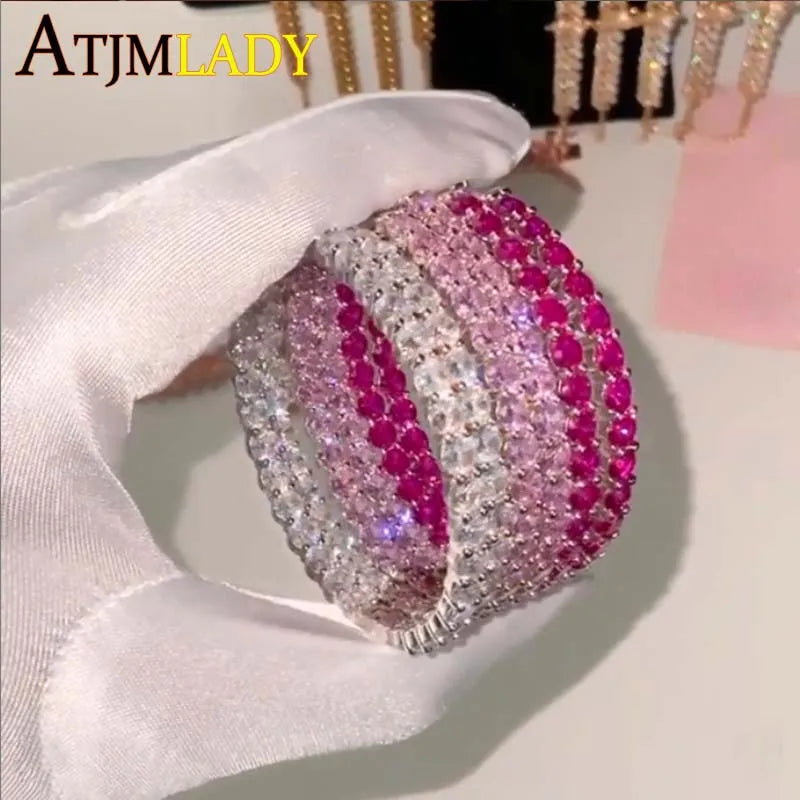 Iced Out Big Hoops Bling 5A Round Cubic Zirconia 55mm Huggie Earring For Women White Pink Colorful CZ Pinky Hoops Jewelry