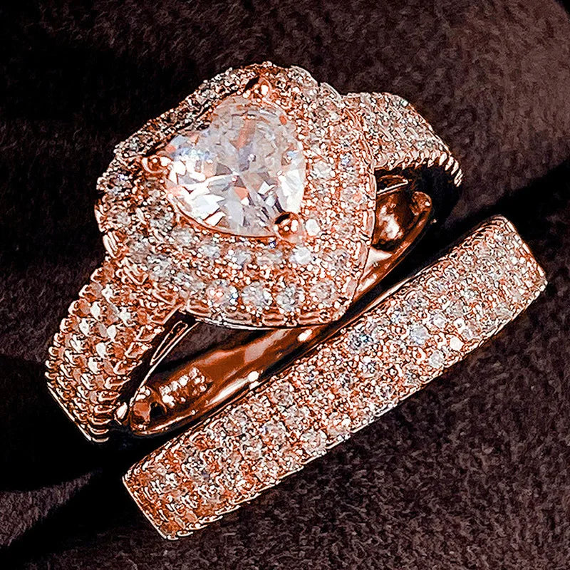 Q109 Heart Shape Bridal Jewelry Set Women's Pear Cut Crystal Rhinestone Pave Setting Luxury Engagement Ring Set