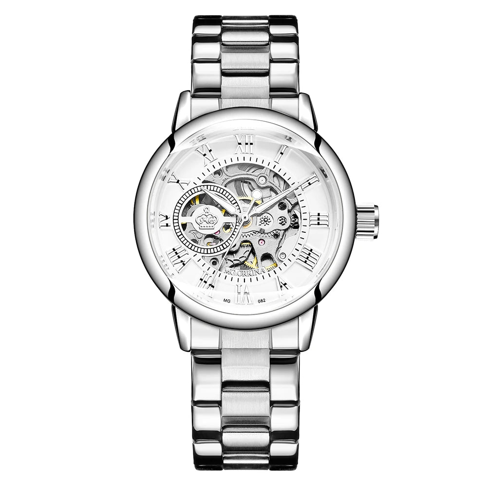 ORKINA Silver Skeleton Women's Watch Stainless Steel Fashion Ladies Mechanical Watches Female Automatic Self-Wind Wristwatches