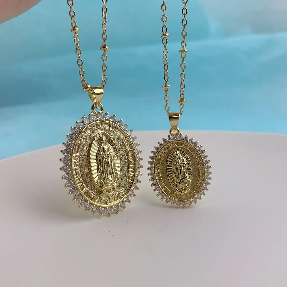 Dainty Metal Zircon Oval Virgin Mary Pendant Necklace For Women Festival Gifts Jewelry
