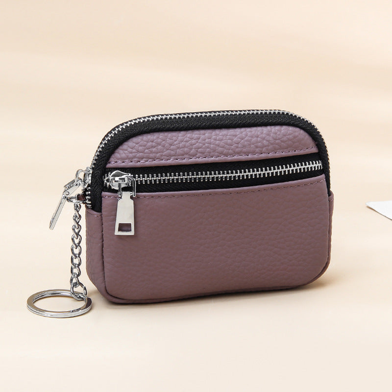 Genuine leather coin purse keychain mini first layer cowhide contrast color zipper small wallet women's coin storage coin purse