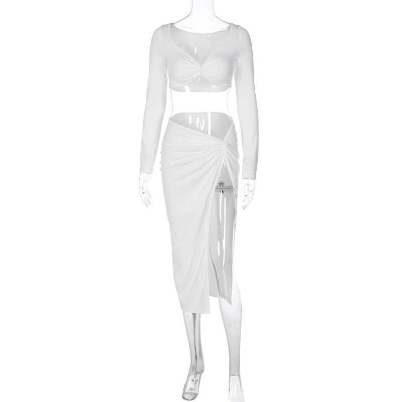 Y2K Ruched Long Sleeve Cropped Top and Skirt Co-ords Set Elegant Fashion Club Outfits Asymmetric Split Matching Sets