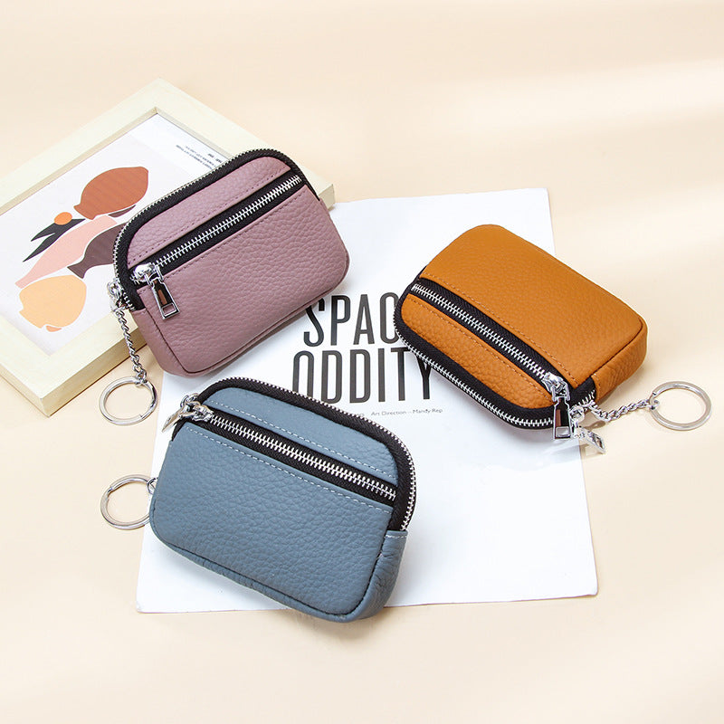 Genuine leather coin purse keychain mini first layer cowhide contrast color zipper small wallet women's coin storage coin purse