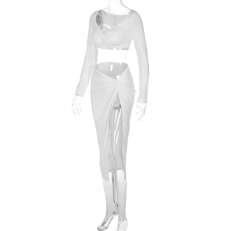 Y2K Ruched Long Sleeve Cropped Top and Skirt Co-ords Set Elegant Fashion Club Outfits Asymmetric Split Matching Sets