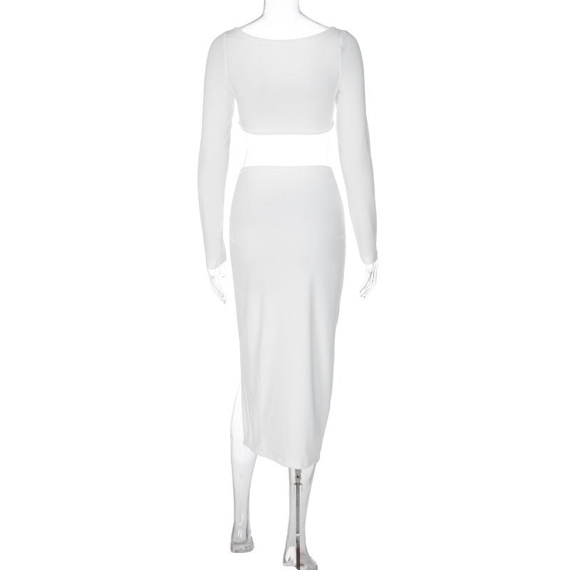 Y2K Ruched Long Sleeve Cropped Top and Skirt Co-ords Set Elegant Fashion Club Outfits Asymmetric Split Matching Sets