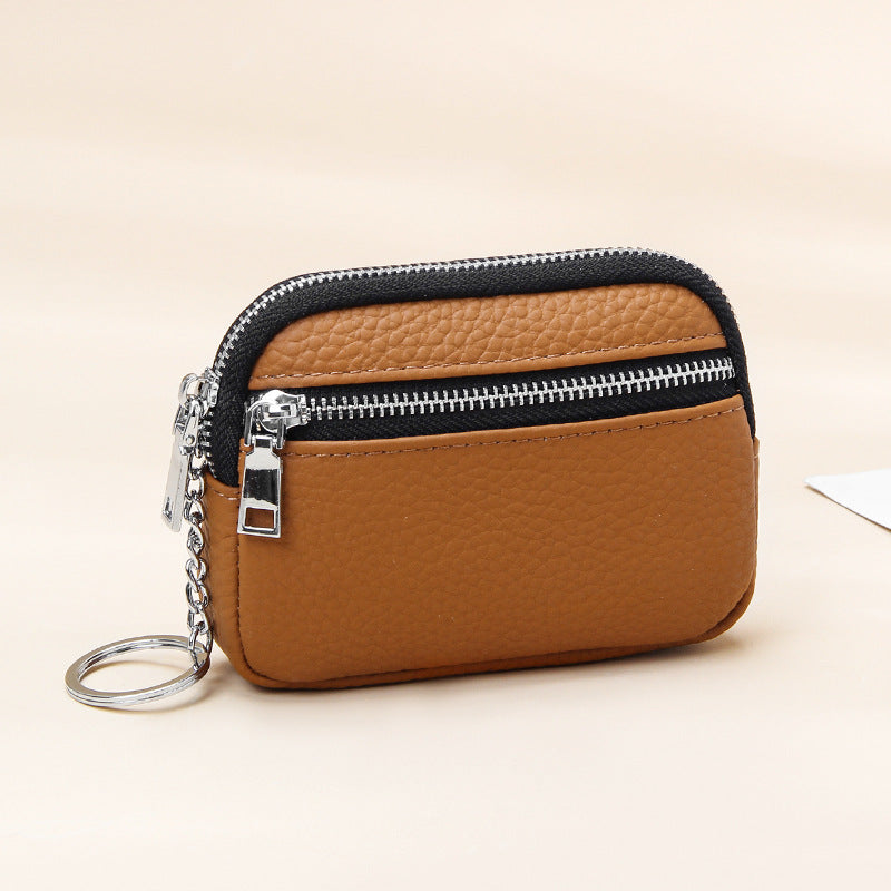 Genuine leather coin purse keychain mini first layer cowhide contrast color zipper small wallet women's coin storage coin purse