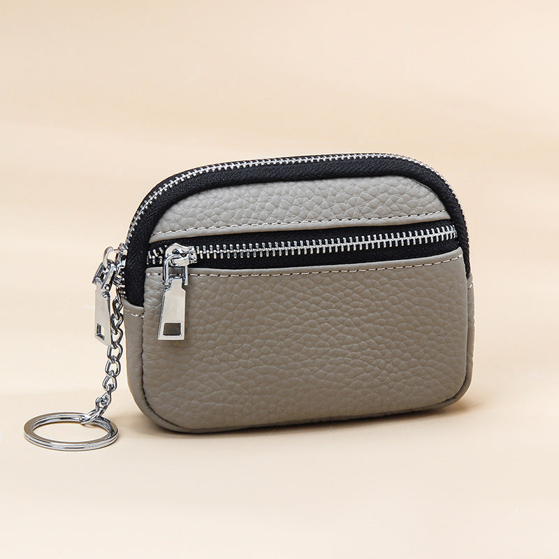 Genuine leather coin purse keychain mini first layer cowhide contrast color zipper small wallet women's coin storage coin purse