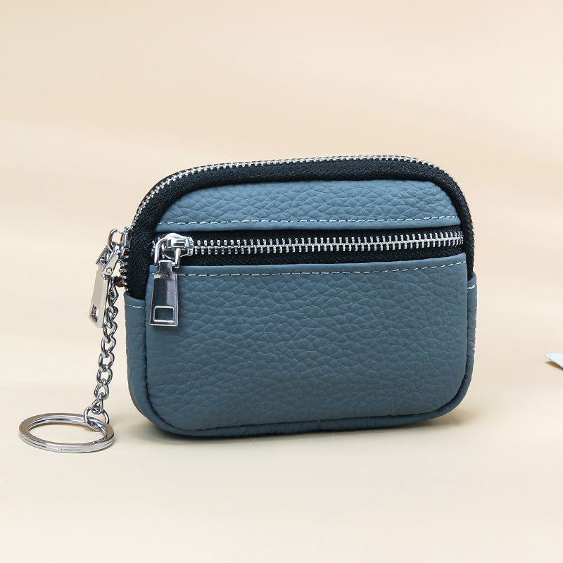 Genuine leather coin purse keychain mini first layer cowhide contrast color zipper small wallet women's coin storage coin purse
