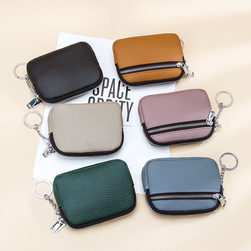 Genuine leather coin purse keychain mini first layer cowhide contrast color zipper small wallet women's coin storage coin purse