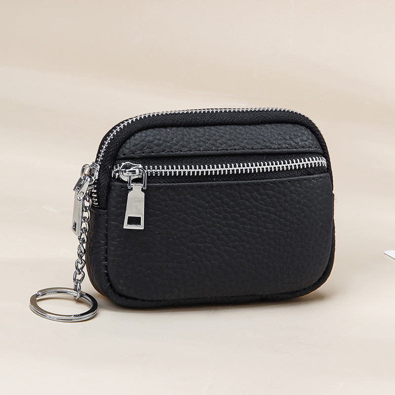 Genuine leather coin purse keychain mini first layer cowhide contrast color zipper small wallet women's coin storage coin purse