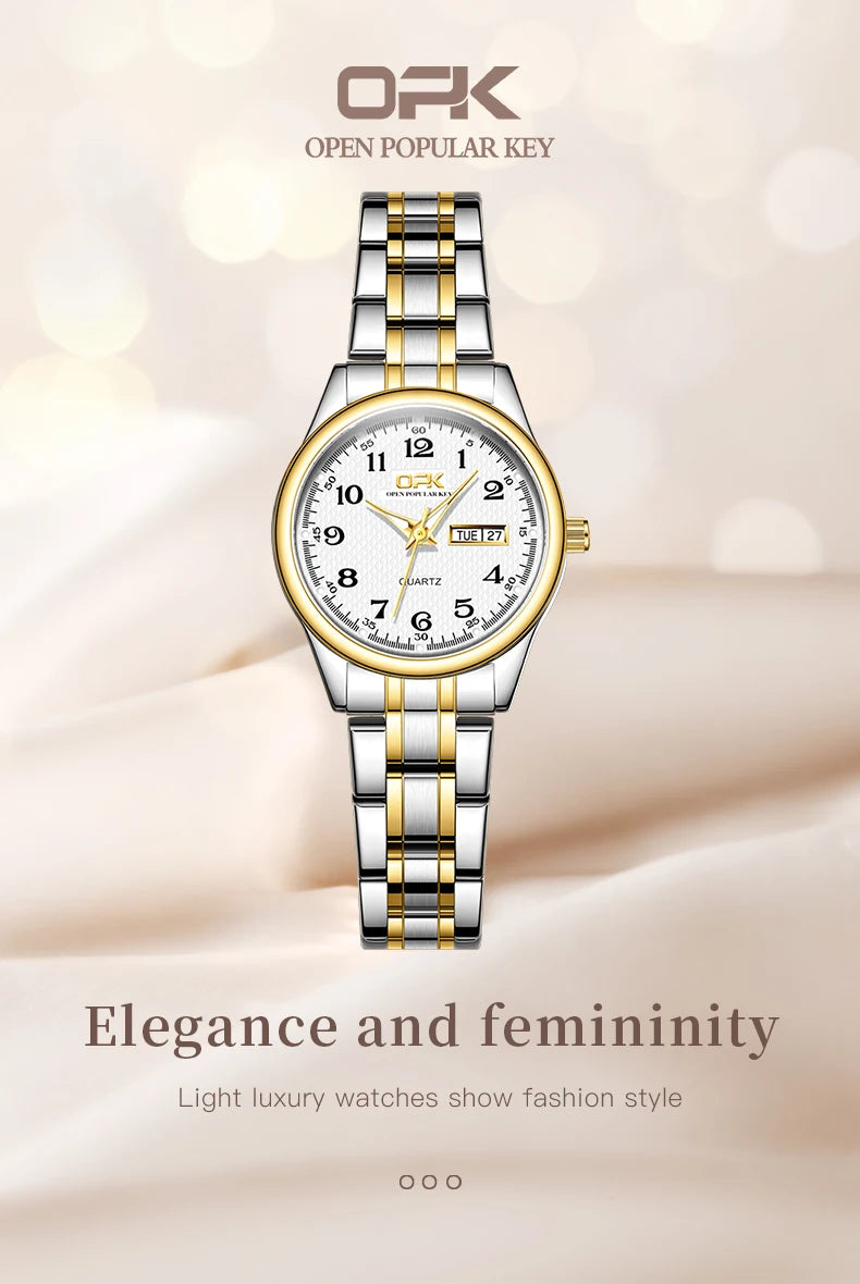 OPK 8110 Ladies Watch Classic Simple Brand Quartz Watch Stainless Steel Strap Watch For Women Waterproof Luminous Day-Date Watch