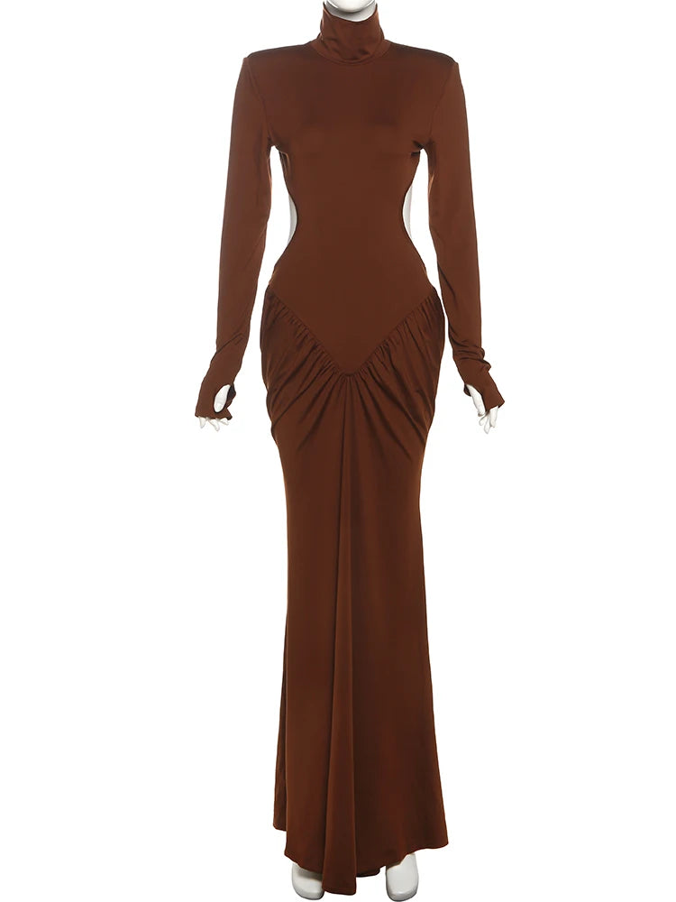kliou Shirring Sheath Women Maxi Dresses High Street Classic Full Sleeve Straight Shoulder Backless Vestidos Mujer Evening Wear