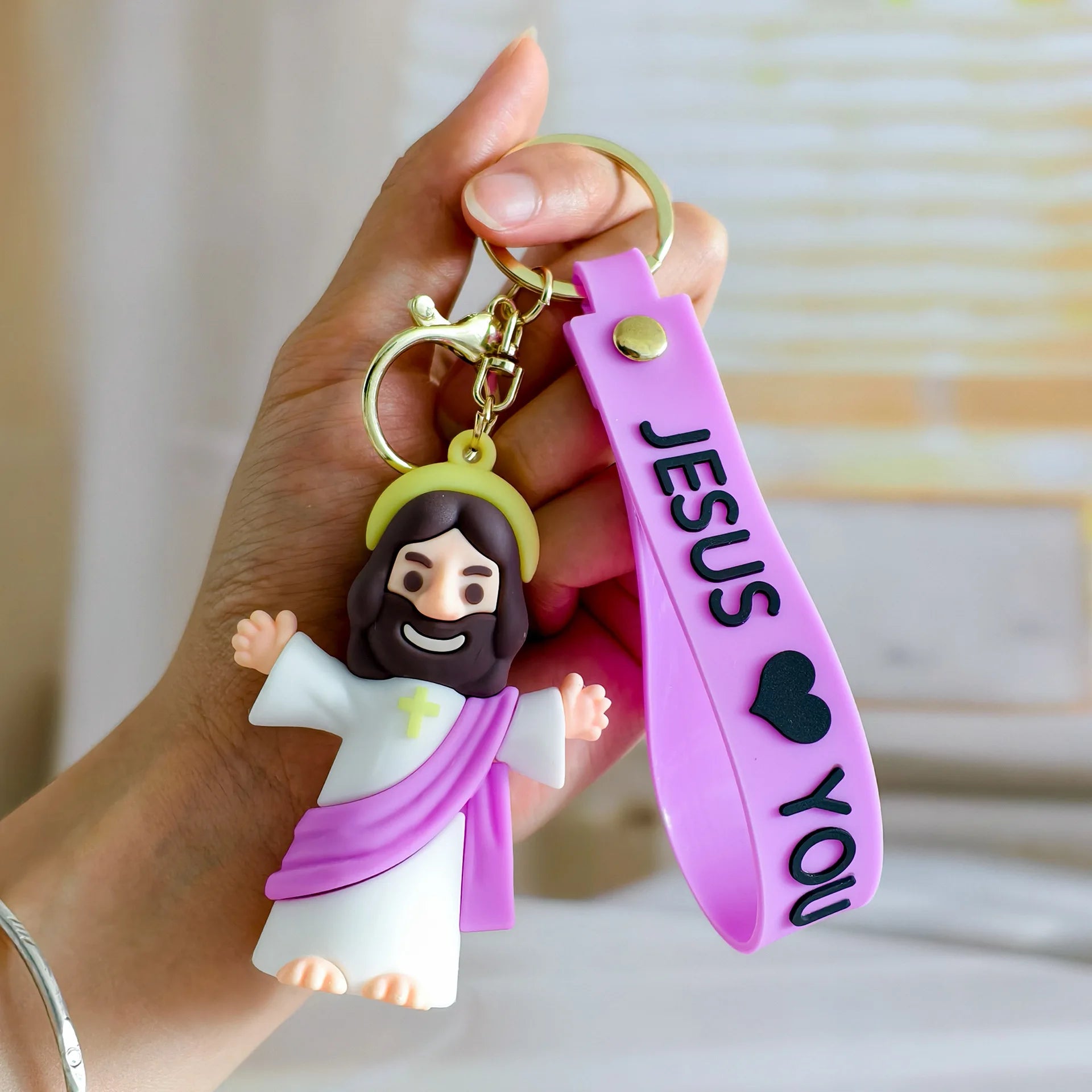 Jesus Cartoon Keychains - Cute Silicone Religious Key Rings with Colorful Straps, Christian Themed Bag/Key Accessories