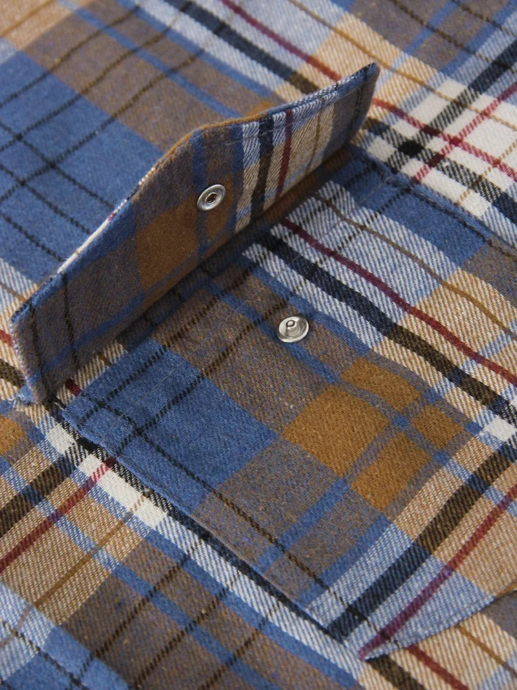 Streamgirl Oversized Plaid Shirt Women 2026 Spring Loose Vintage Long Shirts Full Sleeve Women Plaid Brown Oversized Shirt Blue