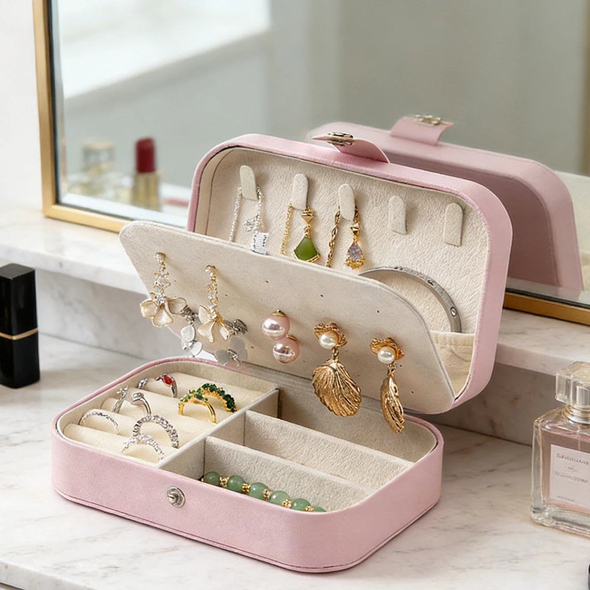 Portable multi-compartment jewelry box with velvet lining - travel-friendly pink accessory storage box