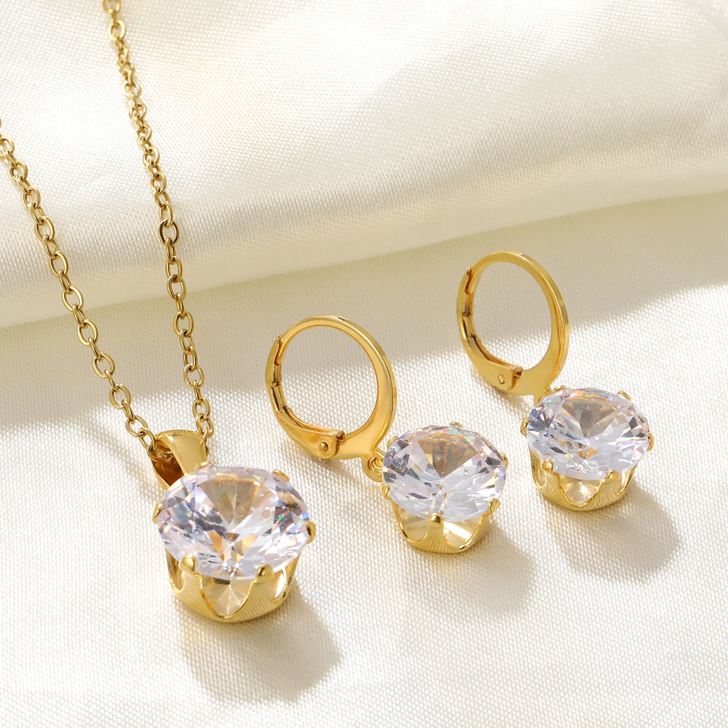 Delicate Jewelry Sets Charm White Blue Pink Color Bling Crystal Pendant Necklace Earring Brinco Wedding Dainty Daily Wear Bijoux