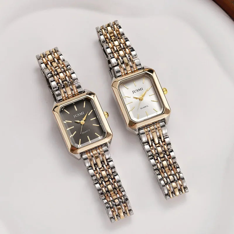 Square women's dual color alloy watch strap with steel strap and quartz watch