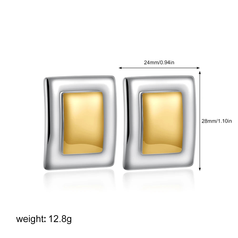 Retro Mixed Gold And Silver Square Earrings Women's Gold Plated Stainless Steel Geometric Waterproof Jewelry
