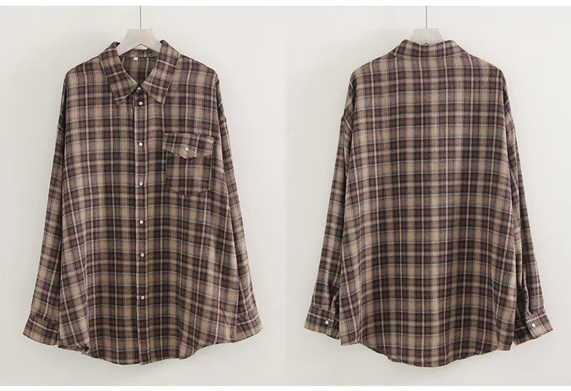 Streamgirl Oversized Plaid Shirt Women 2026 Spring Loose Vintage Long Shirts Full Sleeve Women Plaid Brown Oversized Shirt Blue