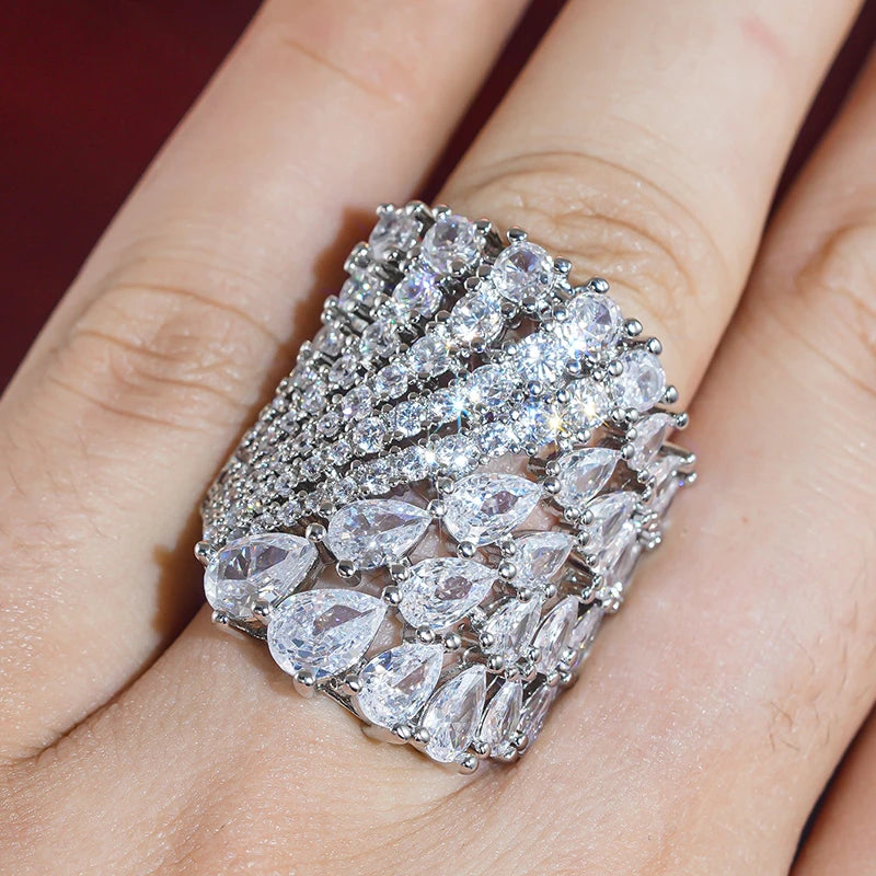 Huitan Luxury Geometric Women Ring Full Sparkling Round/Pear CZ Party Accessories Trendy Lady Noble Wedding Chic Jewelry Gift