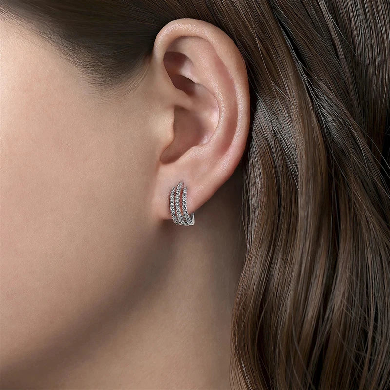 Huitan Simple Stylish Lines Hoop Earrings for Girl Small Circle Exquisite Cubic Zirconia Silver Color Earrings Statement Jewelry