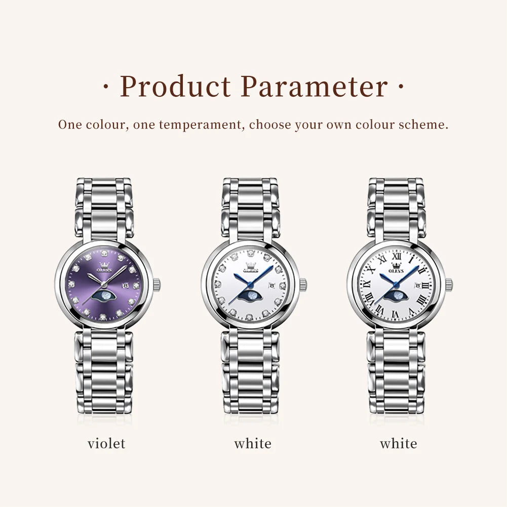 OLEVS Diamond Time Purple Moon Phase Dial Women Watches Luxury Brand New Fashion Women Quartz Watch Steel Waterproof Dress Watch