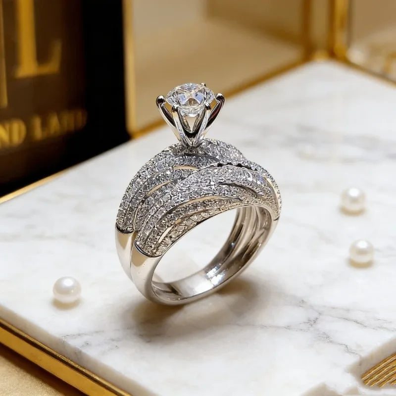 Elegant Silver Color Hip Hop Ring for Women Luxurious Inlaid White Zircon Stones Wedding Rings Set Bridal Engagement Jewelry