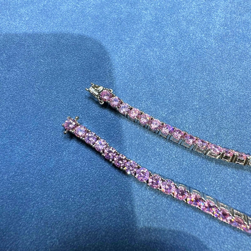 Wong Rain Solid 925 Sterling Silver 5MM Lab Pink Sapphire High Carbon Diamonds Gemstone Tennis Chain Bracelets Fine Jewelry