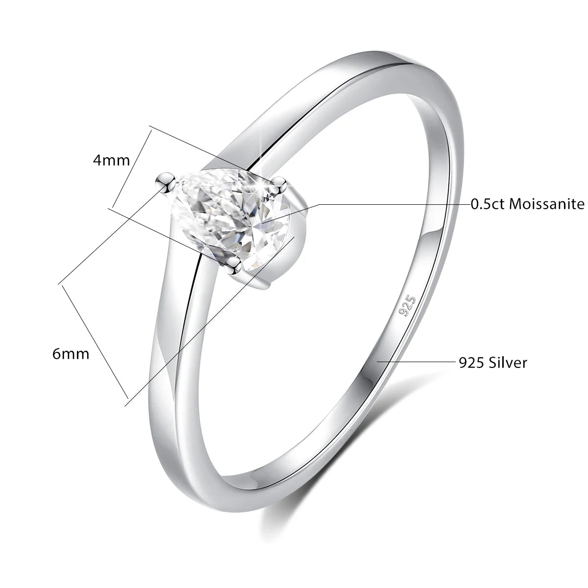 Dainty 0.5ct Pear Moissanite Solitaire Ring, S925 Sterling Silver Twist Shank Engagement Ring Hypoallergenic Fine Jewelry Gifts