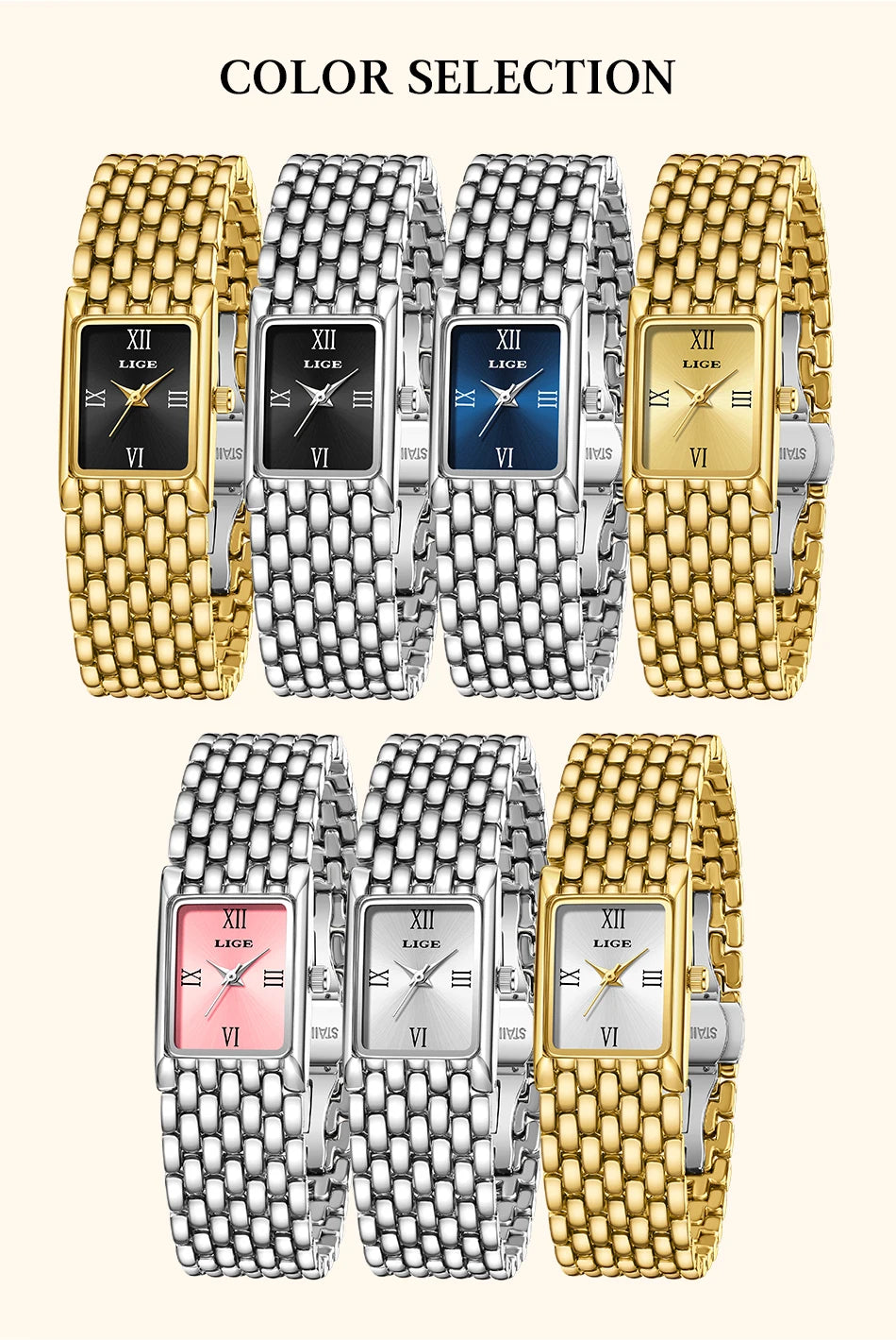 LIGE Gold Watch for Women Square Ladies Quartz Wristwatches Stainless Steel Women Small Gold Watch Luxury Casual Fashion Watch