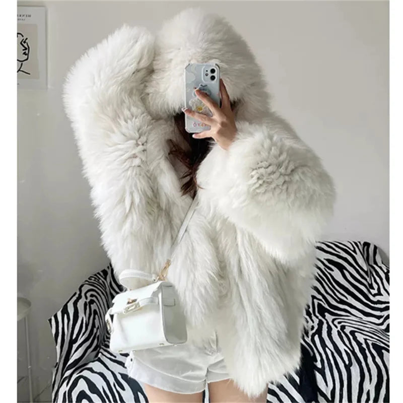 ZXRYXGS Elegant Temperament Hooded Coat Women's Clothing Imitation Fox Fur Coat 2025 New Autumn Winter Jackets Black White