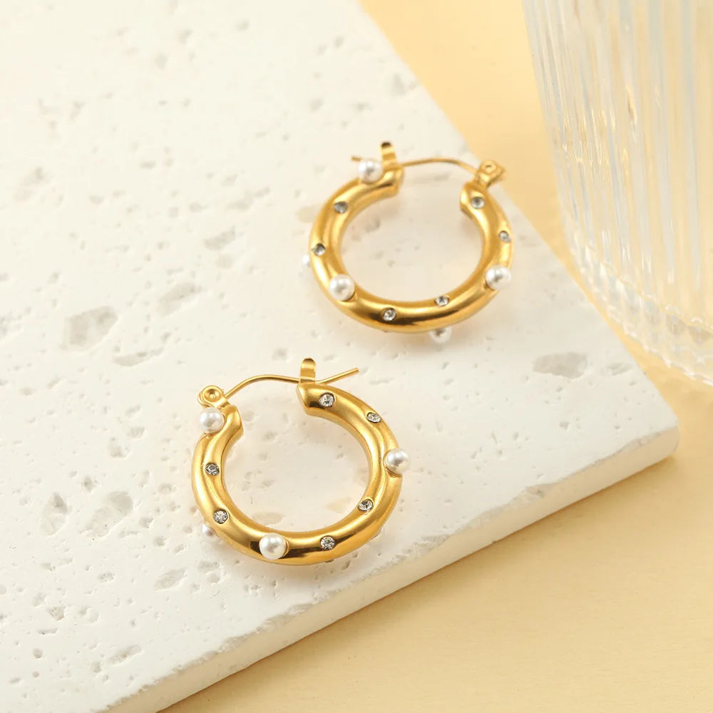 ZAKOL Y2K Trendy U Shape Stainless Steel Round Earrings For Women Girls Gold Color Imitation Pearl Crystal Ears Jewelry Gifts