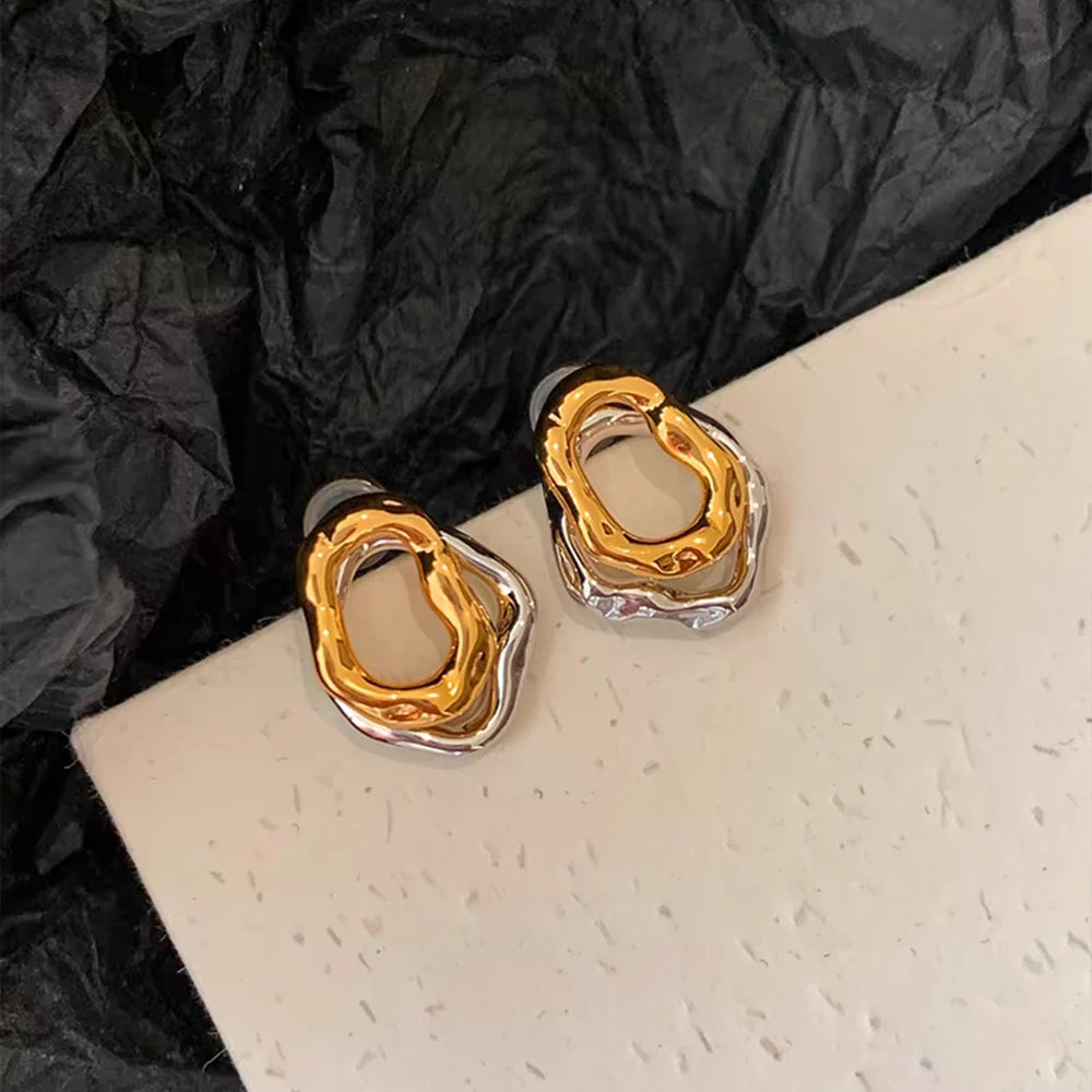 Two-wear Irregular Gold Sliver Colors Circles Bilayer Piercing Post Earring for Women Bicolor Hammered Texture Geometric Jewelry