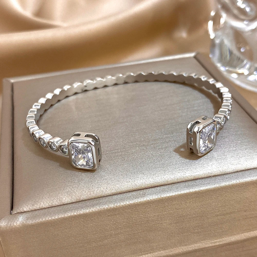 Luxury Micro Inlaid Zircon Stainless Steel Bracelet for Women Fashion Shiny Gold Silver Color Open Bangle Bracelets Jewelry Gift