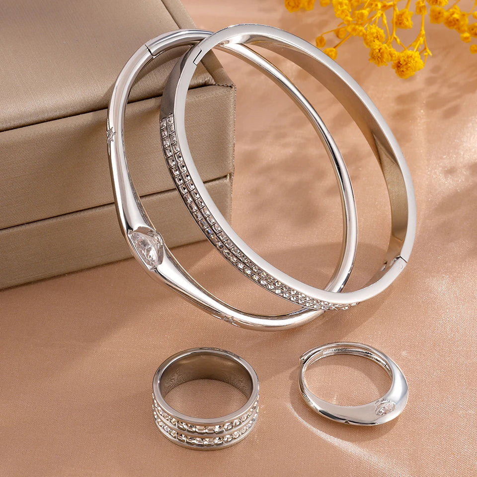 ZAKOL 4pcs/set Light Luxury Women’s Jewelry Sparkling Bracelet Ring Set with Rhinestone Waterproof Stainless Steel Jewelry