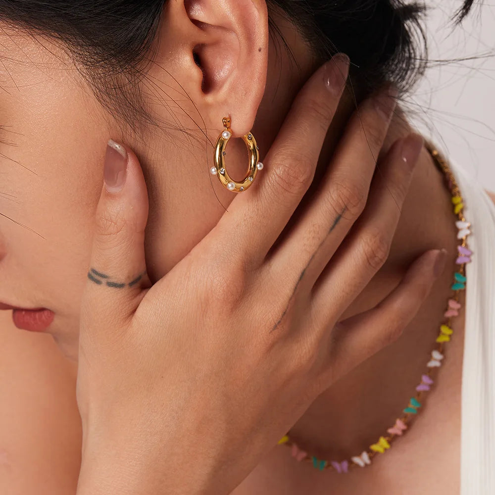 ZAKOL Y2K Trendy U Shape Stainless Steel Round Earrings For Women Girls Gold Color Imitation Pearl Crystal Ears Jewelry Gifts